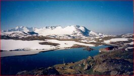 Sognefjellsveien ser veien og hytte-cafe og masser av hvite fjell.jpg